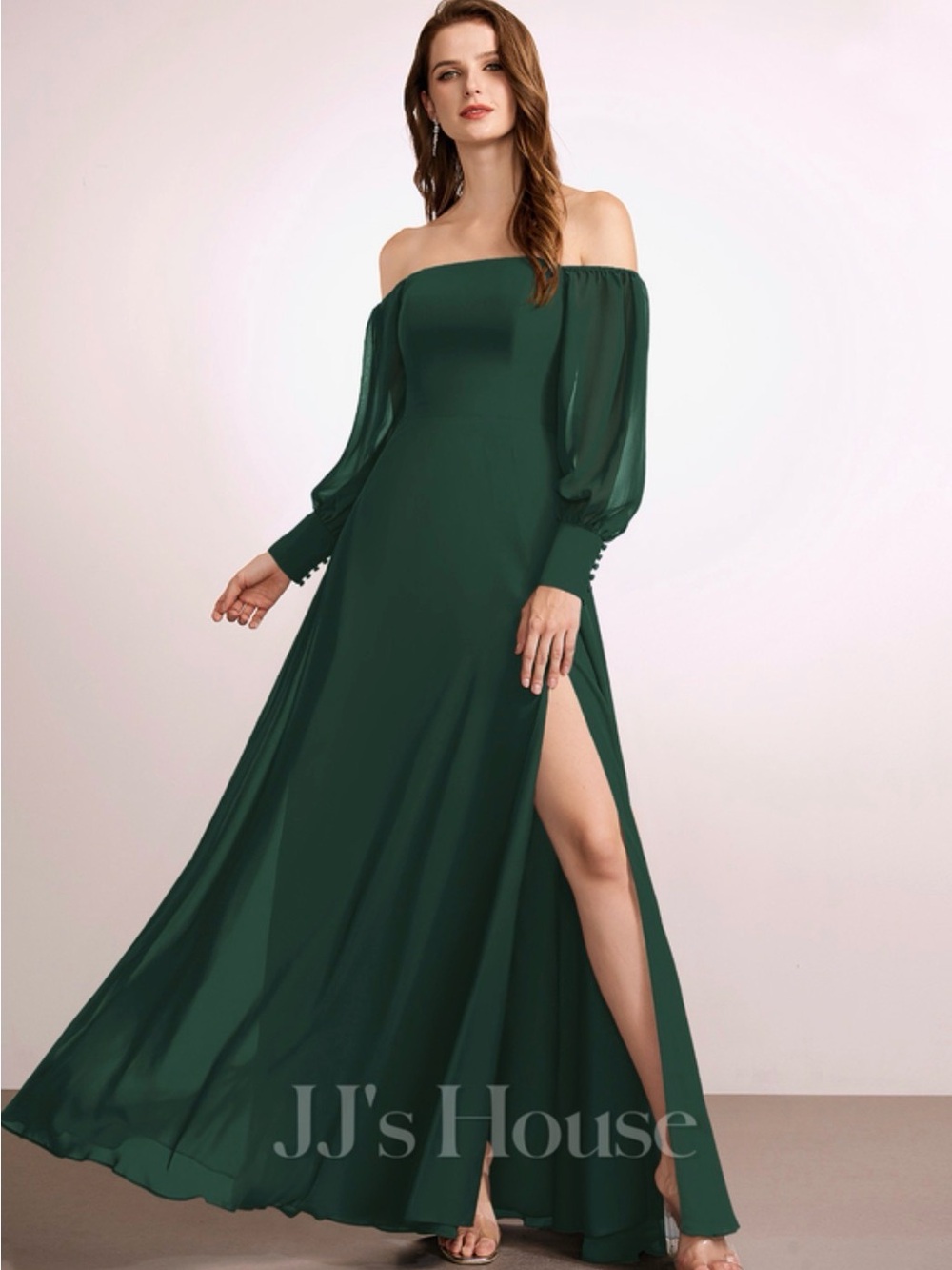 JJs House Dark Green Off-Shoulder Chiffon Evening Dress with Slit